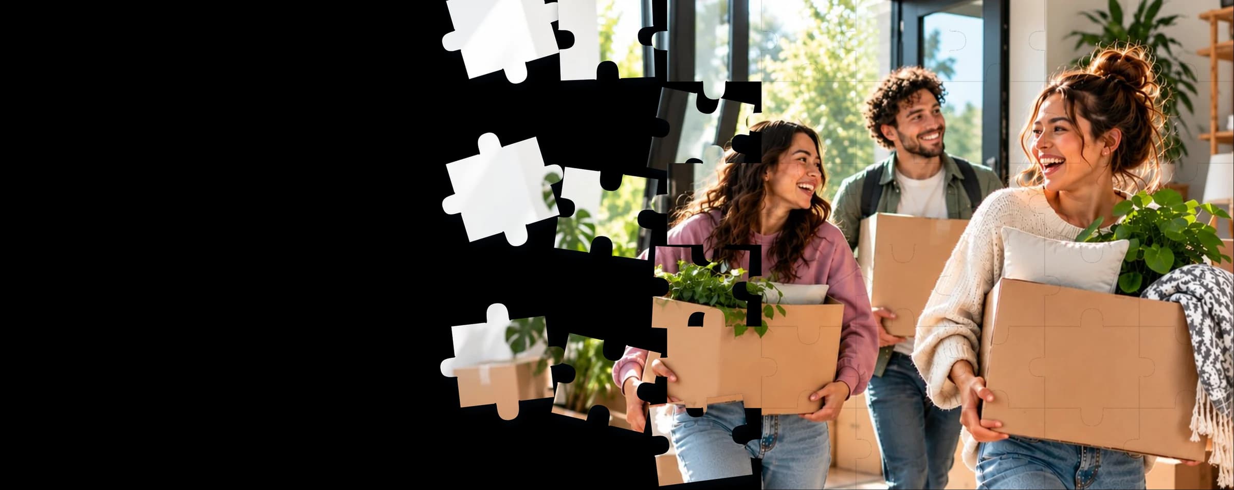 Three future roommates smiling together while moving into a bright home